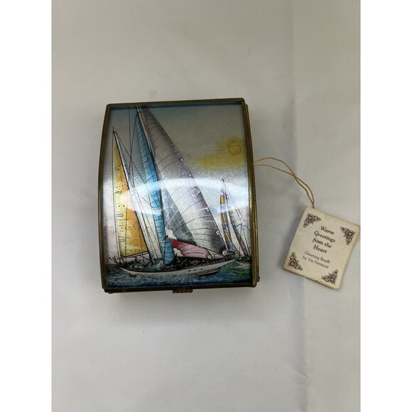 Vtg Via Vermont Sailboat Jewelry Trinket Box Cobalt Blue Glass Mirrored Brass - Picture 2 of 12